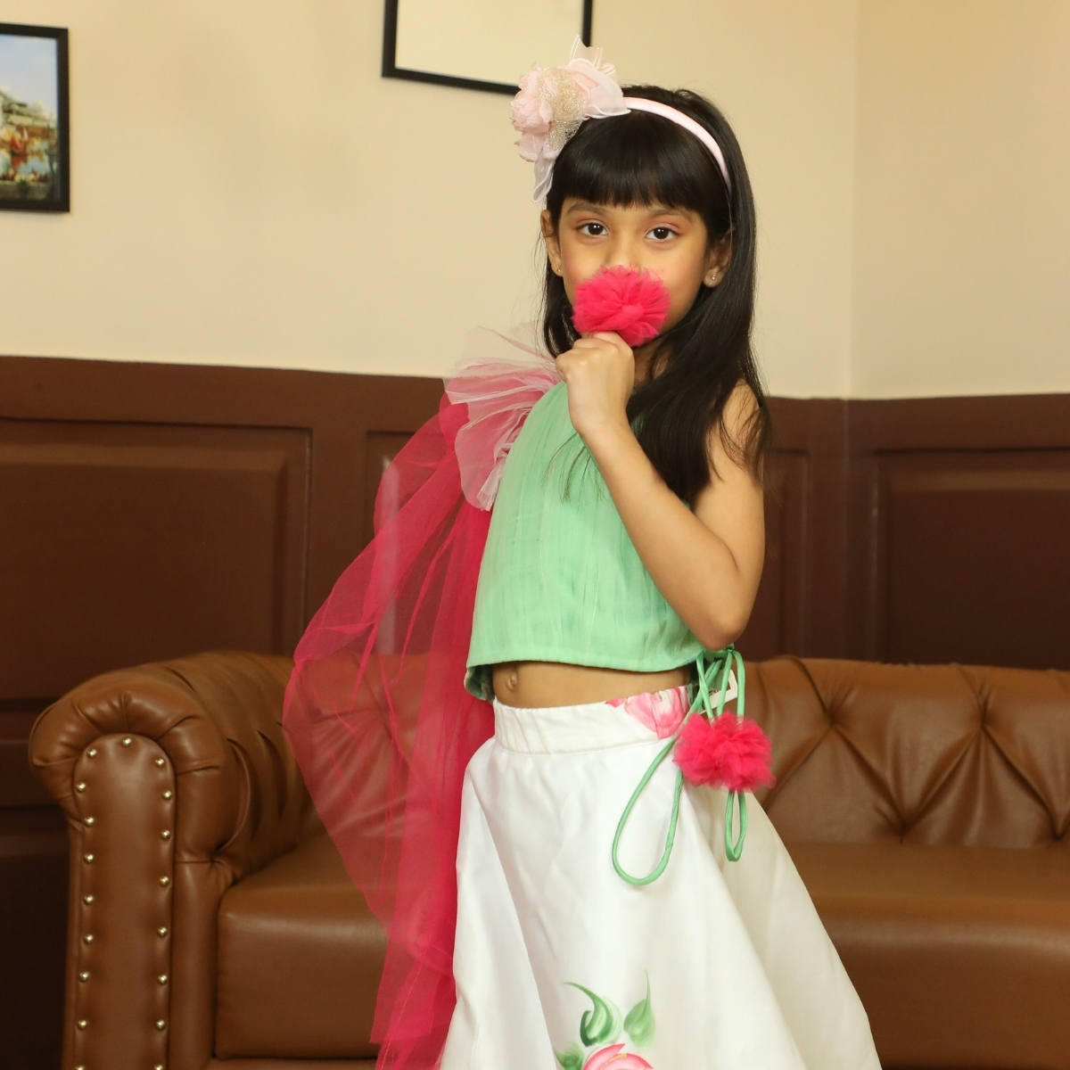 Girls Crop Top Skirt Set Ethnic Outfit Pink Blue India close view