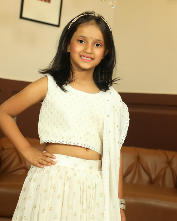 Girls White Georgette Lehenga Set Traditional Dress Pink Blue India close wearing