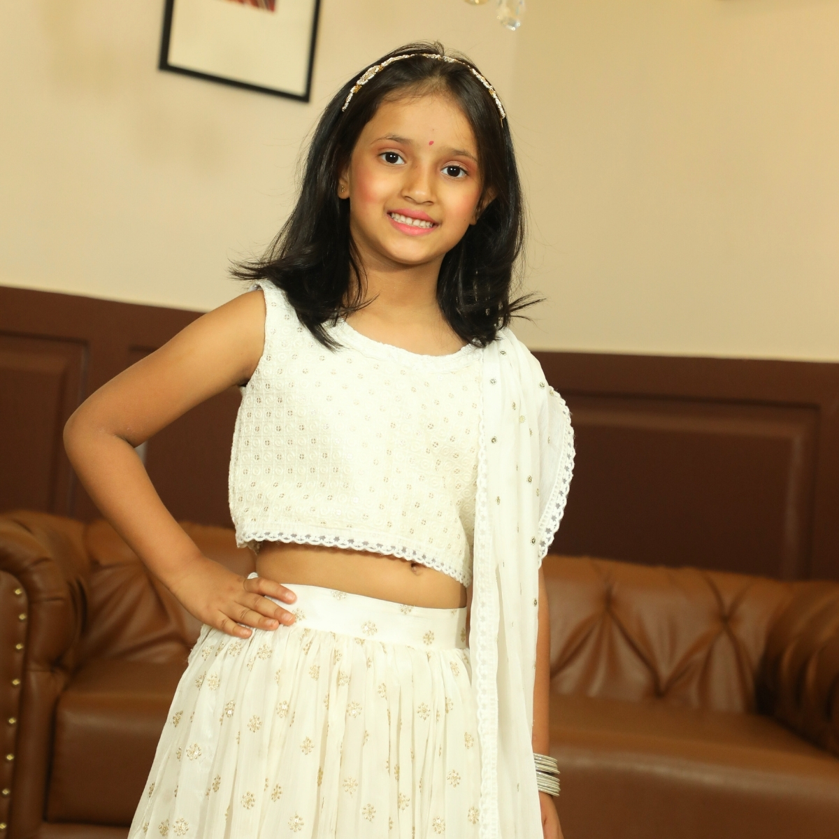 Girls White Georgette Lehenga Set Traditional Dress Pink Blue India close wearing