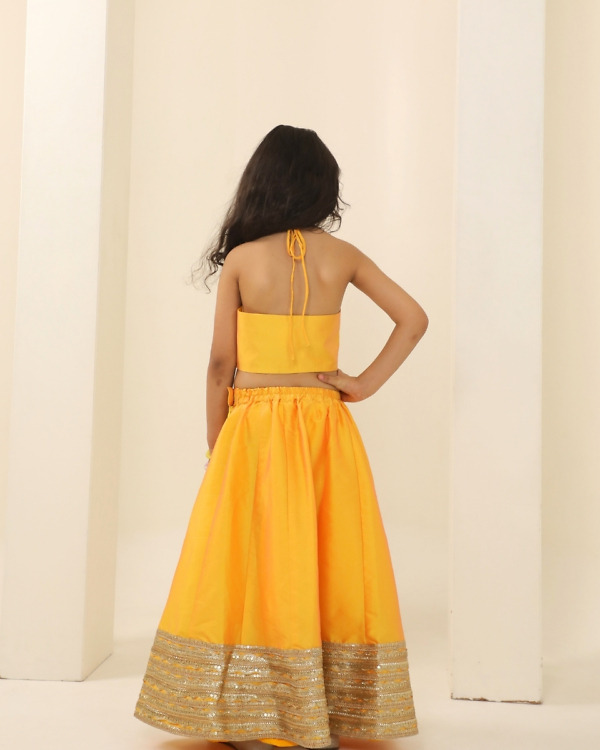 Girls Yellow Halter Neck Lehenga Wedding Wear Pink Blue India back view