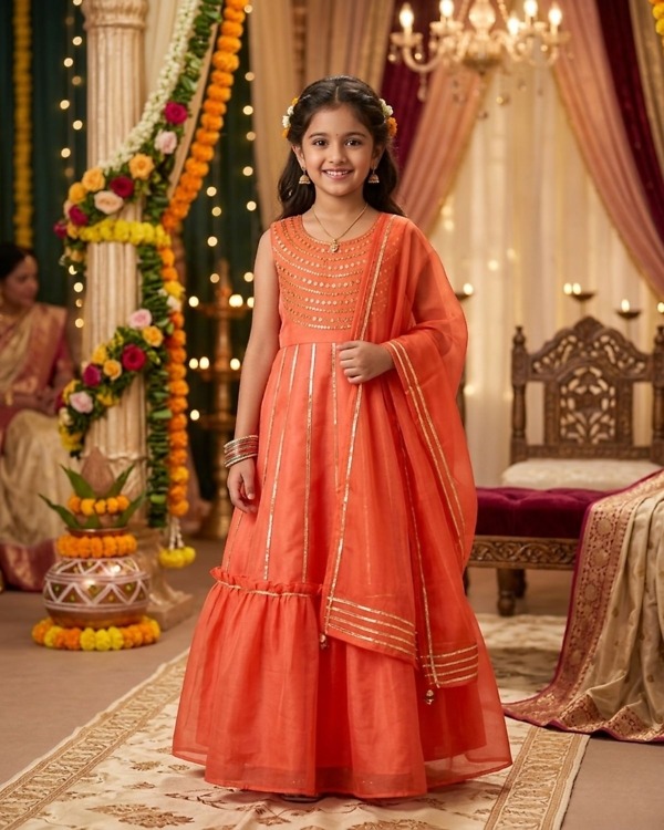 Girls peach orange ruffle lehenga for mehendi function stylish festive wedding ceremony outfit