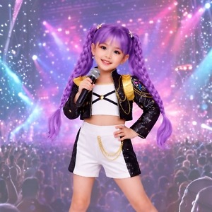 Rumi K-Pop Demon Hunters costume worn by model, handmade birthday dress for girls India